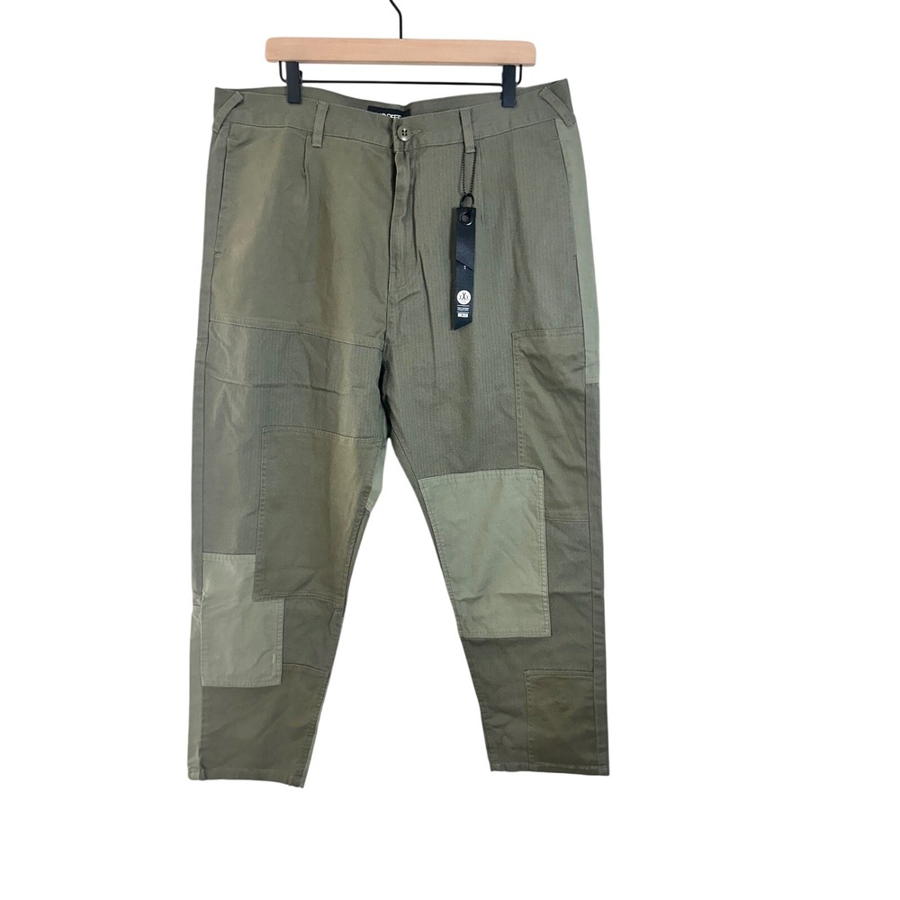 10.Deep Mens Patchwork Herringbone Tapered Cargo Pants Olive Green Size 38 NWT